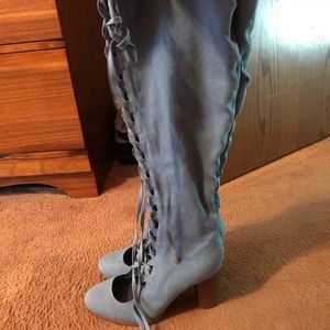 Knee- High Denim Tie Up Boots